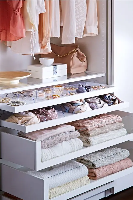 Glass-fronted Drawers bedroom closet: Storing smaller delicate items and jewellery pieces inside drawers will keep them more