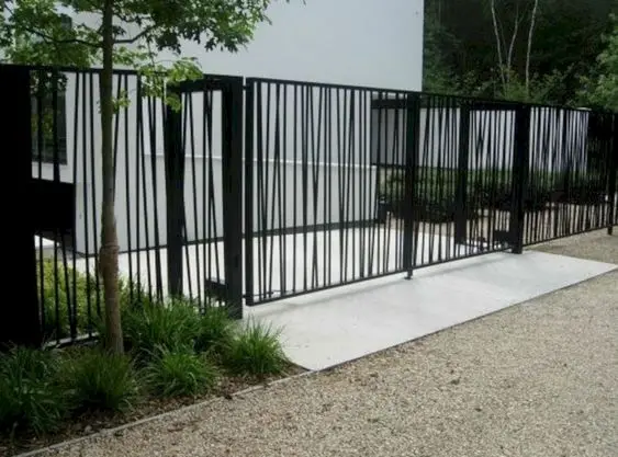 Matte Black Spokes front gate: Matte black spokes set at slightly random angles inside a symmetrical frame