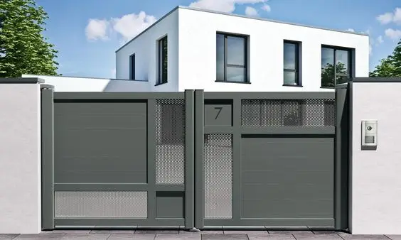 Block and Mesh front gate: Solid sage-green steel blocks with mesh insets
