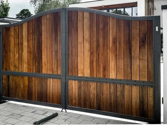 Timber and Metal front gate: Seasoned timber boards in a metal edge frame