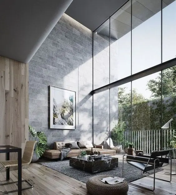 living room with glass wall