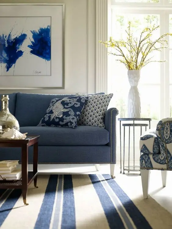 blue and white living room