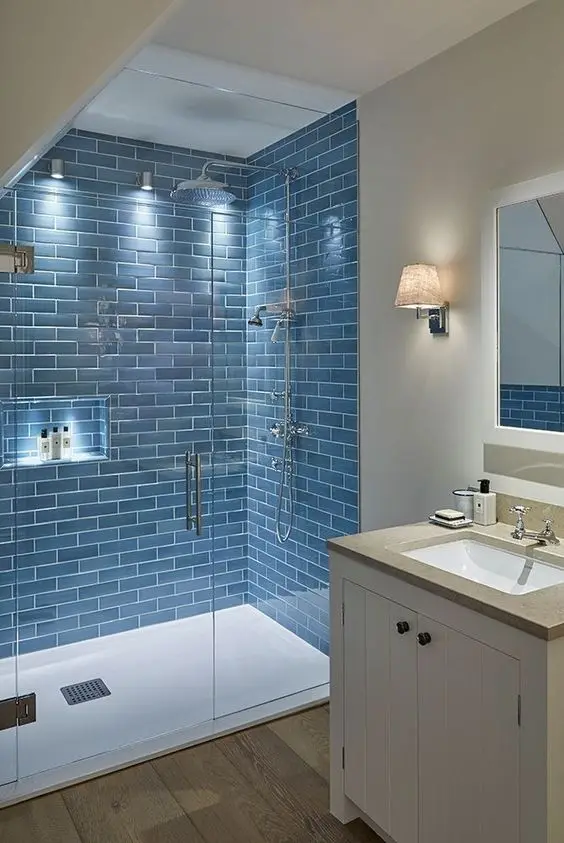 blue subway tiles bathroom