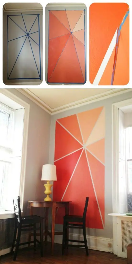 Orange Burst wall paint: Easily dress up a narrow blank wall with this orange burst paint feature