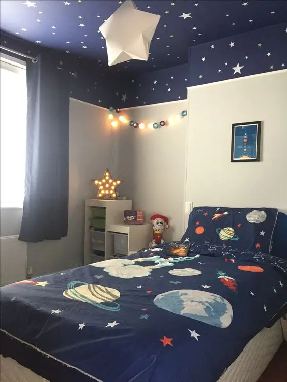 Space Dreamer kids' bedroom: This is one of the most popular kid’s bedroom ideas and designs. The deep blue of the ceiling
