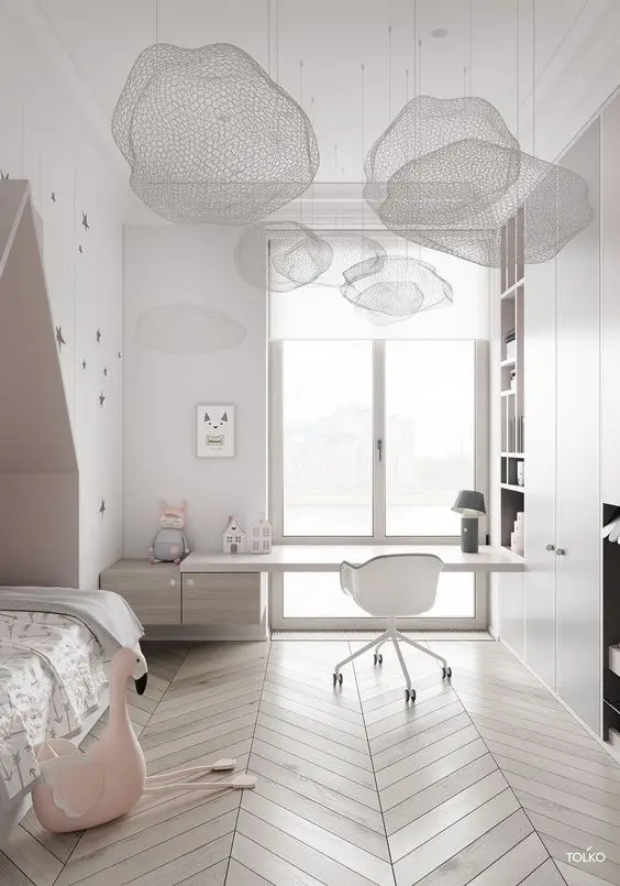 Modern Pastels kids' bedroom: Cool, elegant, pretty. The ashy light tones of pinks and greys of this Nordic interior design