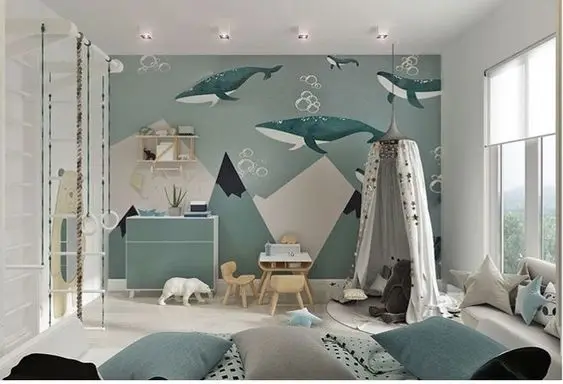 Swim with the Whales kids' bedroom: This kid’s bedroom features a colourful and stunning whale wall mural giving it a cool