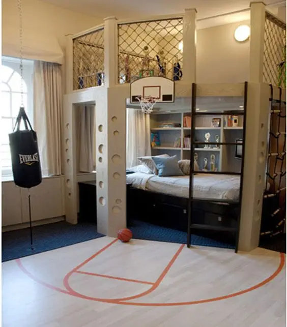 Sporty and Snug kids' bedroom: Delight your sporty young one with this ring and court bedroom design. The ringed area added