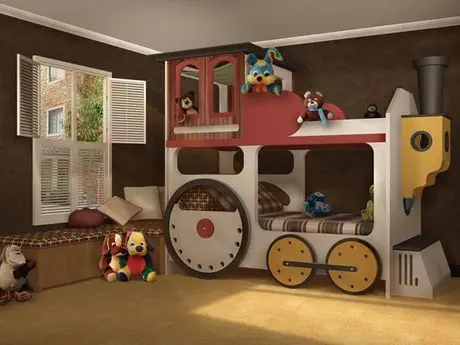 The Train Room kids' bedroom: Kids will adore this train bedroom! This customised choo-choo train styled bunk bedroom is
