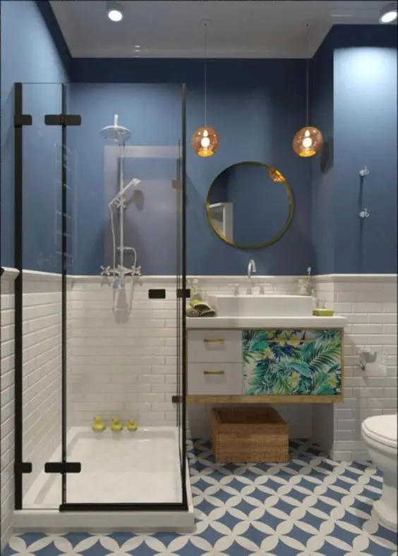 white and blue bathroom