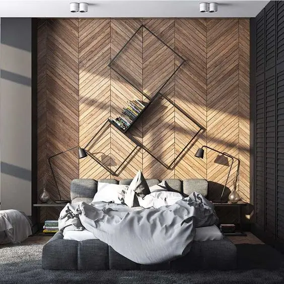 Rustic Parquet Wall bedroom: This elegant and luxurious bedroom hikes up its modern rustic look by installing a wood parquet