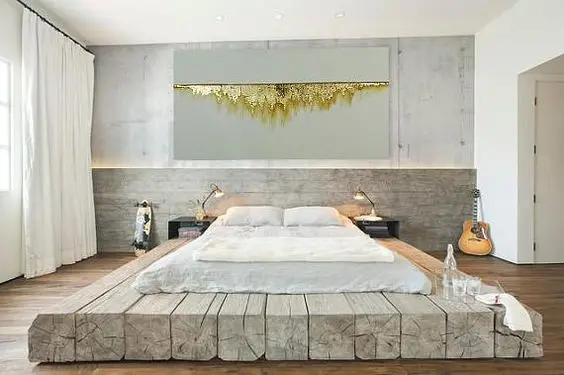 Modern Rustic bedroom: Bright and airy, spacious and modern. The design is centred on the solid log platform bed. Crisp
