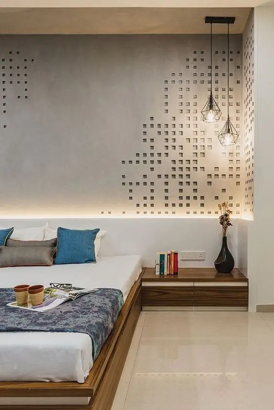Concrete Etchings bedroom: Innovative, urbane and exceptional design for a modern bedroom. The polished wood bed frame