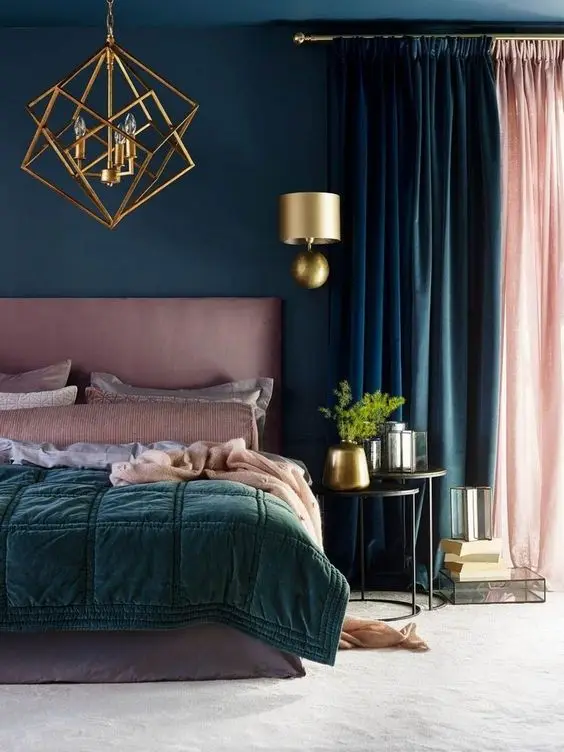 Warm Autumn bedroom: Deep oxford and Prussian blues are coordinated with delightful rose pinks. The muted sheen of the