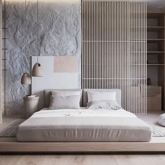 Natural Shades and Textures bedroom: Natural wood grains, destressed concrete wall, neutral colours, amazing design. This