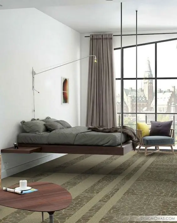 A Hanging Bed bedroom: Hide nothing with a hanging bed! This unconventional choice of bed is best for a smallish bedroom as