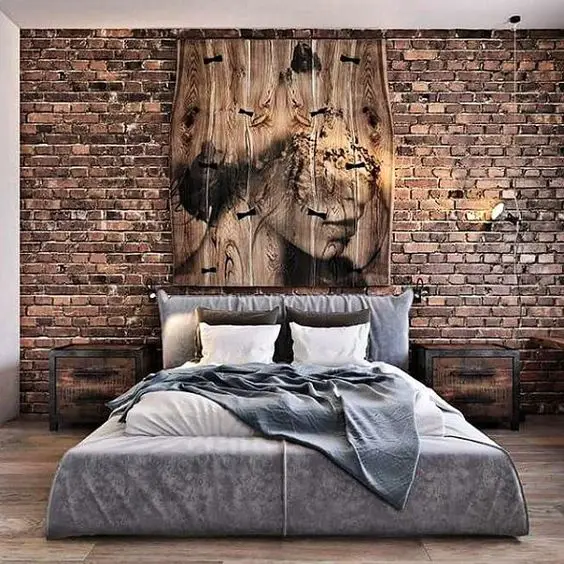 A Brick Wall bedroom: Industrial and rustic accents are often blended in with modern bedroom ideas and designs to give