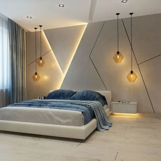 Mood Lighting bedroom: Use strategic lighting to highlight the features of the design. This ultra-modern bedroom features