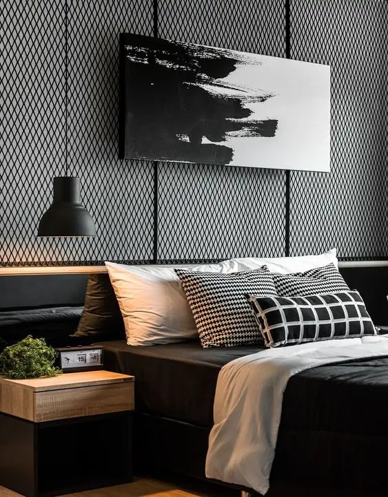 industrial black and white bedroom