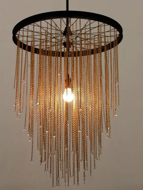 recycled bicycle wheel chandelier