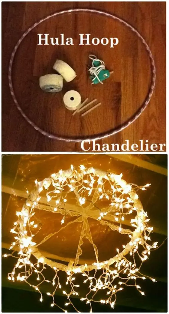 Hula-hoop Chandelier DIY home décor: Whether you are decorating for a party or every day, this hula-hoop chandelier will