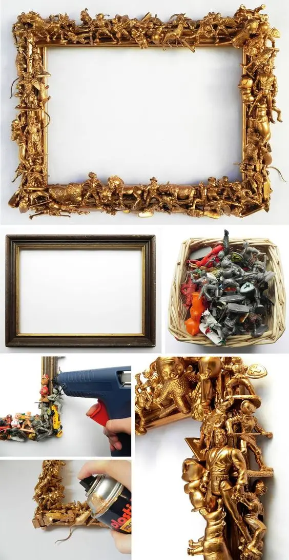 Golden Toy Frame DIY home décor: This is one home DIY project you can create with your discarded plastic figure toys