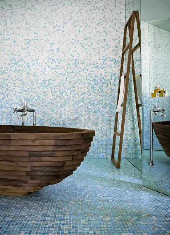 stacked wood bathtub