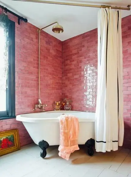 pink bathroom with corner tub