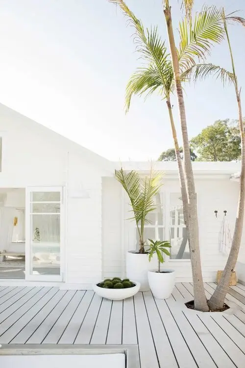 Coastal White deck and patio: All white, palm trees, big planters. Coastal schemes survive harsh Australian light better