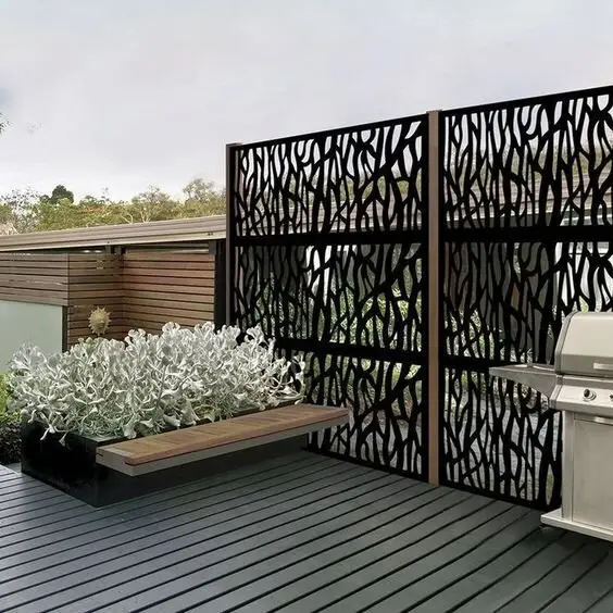 Metal Privacy Screens deck and patio: Laser-cut metal screens block sightlines, cut the wind and throw patterned shade that