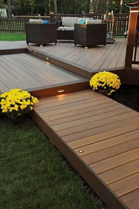 Creative Lighting deck and patio: Strip lighting along stair treads and deck edges is a safety feature that happens to look