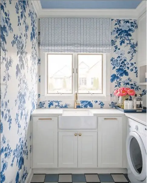 blue floral laundry room