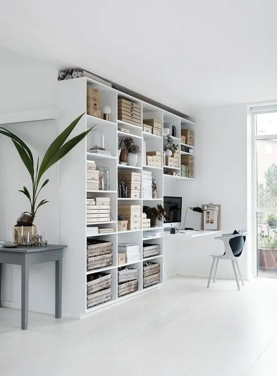 Organised Clutter minimalist home office: When you can’t avoid the clutter, get creative with your organising. This modern