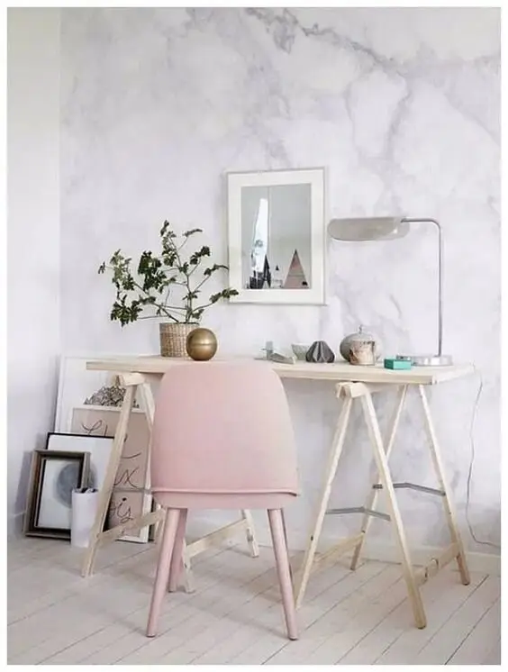 Stylish Minimalist minimalist home office: Pretty and chic, this small home office adds stylish to modern. The light grey