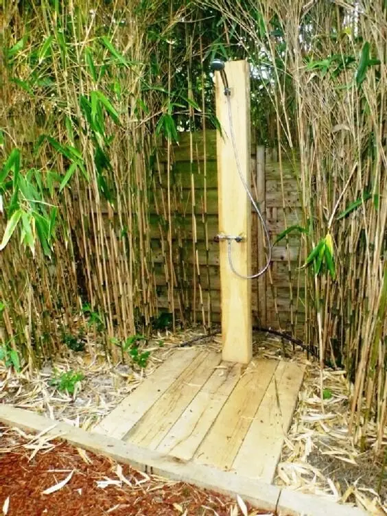 Bamboo Forest outdoor shower: A beam, a plank floor and a stand of bamboo. Nothing else. Showering inside the sound of