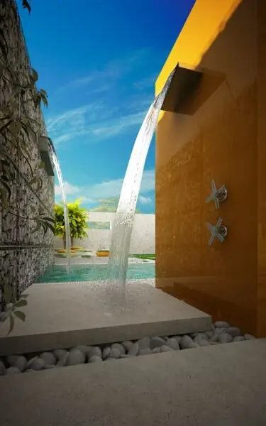 Mediterranean Waterfall outdoor shower: A wide platform beside the pool with generous cascades, sized for several people at