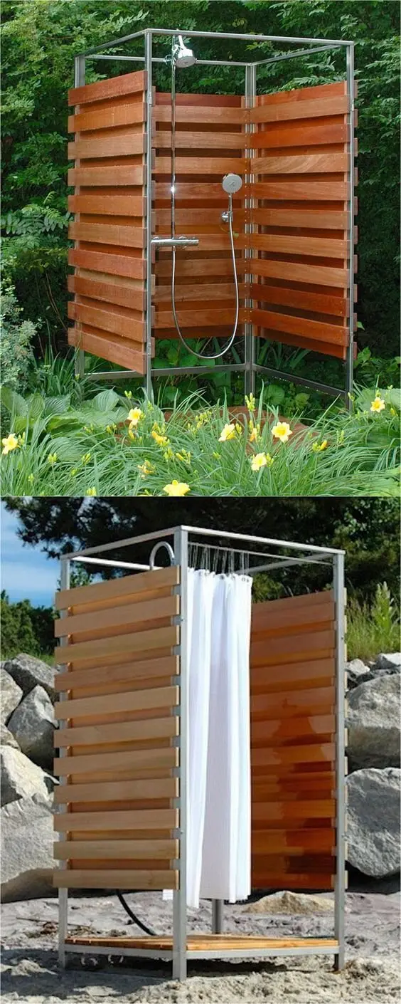 Curtained Prefab outdoor shower: A light metal-framed cubicle with timber boards and a curtain, movable to wherever the