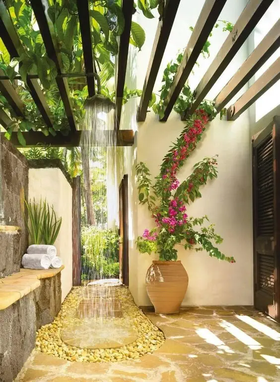 outdoor shower with rafters
