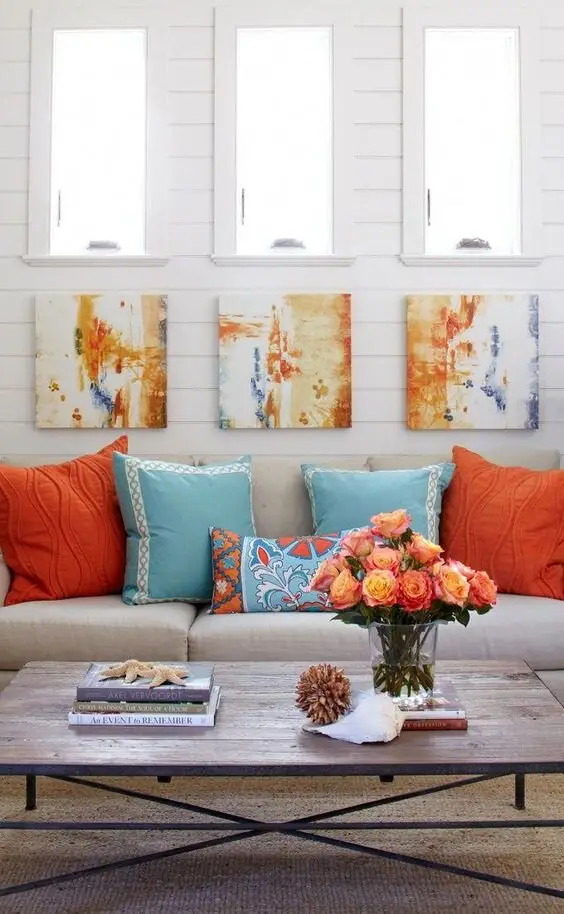 small coral and blue living room
