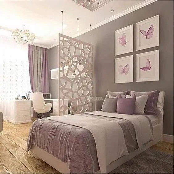 grey and purple modern bedroom