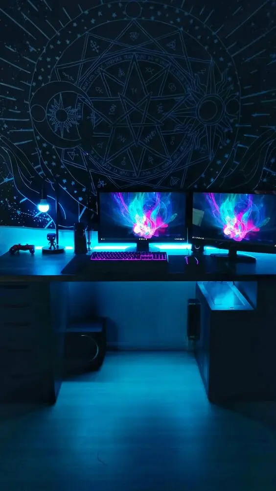 Snazzy Walls gaming home office: This is the minimalist version of the gaming room. Clean walls and floors, sleek desks and