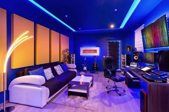 A Gamer’s Man Cave gaming home office: The ultimate gamer’s dream – a gaming room that has it all! Surround sound system