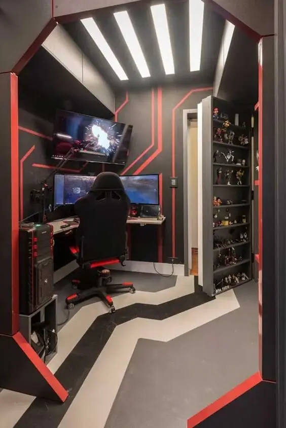 The Game Zone gaming home office: Get into the playing zone with this spaceship-inspired gaming room. The grey room includes