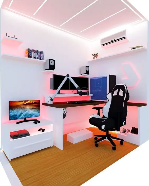 White Game Room gaming home office: Take a break from the dark and gloomy gaming rooms for this white and bright gamer’s