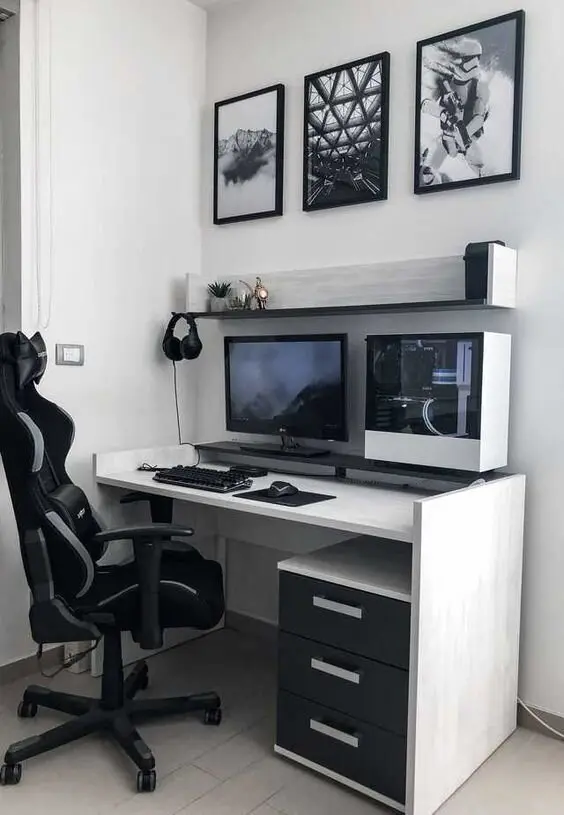 A Gaming Corner gaming home office: You can turn your tiny home office into a gamer’s nook. This modern minimalist office