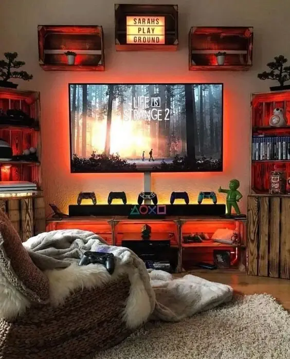 diy crate shelves game room