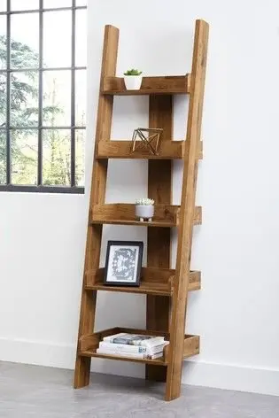 Ladder Shelf wood project: Shelves fixed to a back post, steadied with side rails, leaning like a ladder. It packs serious