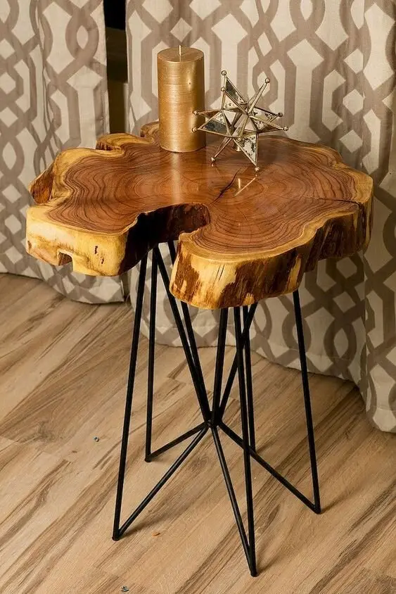 Wood Slice Side Table wood project: A single wood slice on iron hairpin legs. You don't even need a timber yard; big round