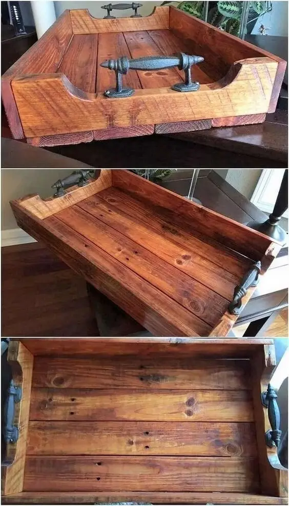 Farmhouse Serving Tray wood project: A pallet-board tray with cut-out ends and a pair of vintage iron cabinet handles. The