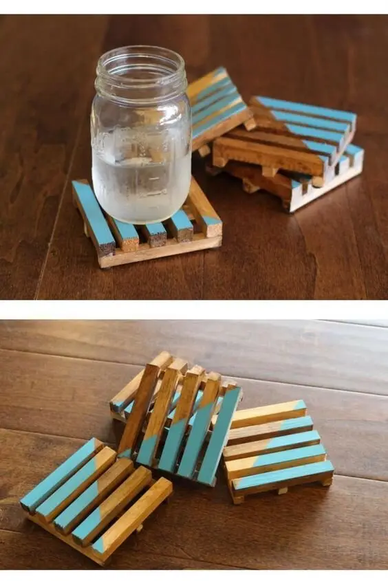 Wood Coasters wood project: Mini pallets, coaster-sized. Cut, glue, decorate. A good one to do with kids, since the pieces
